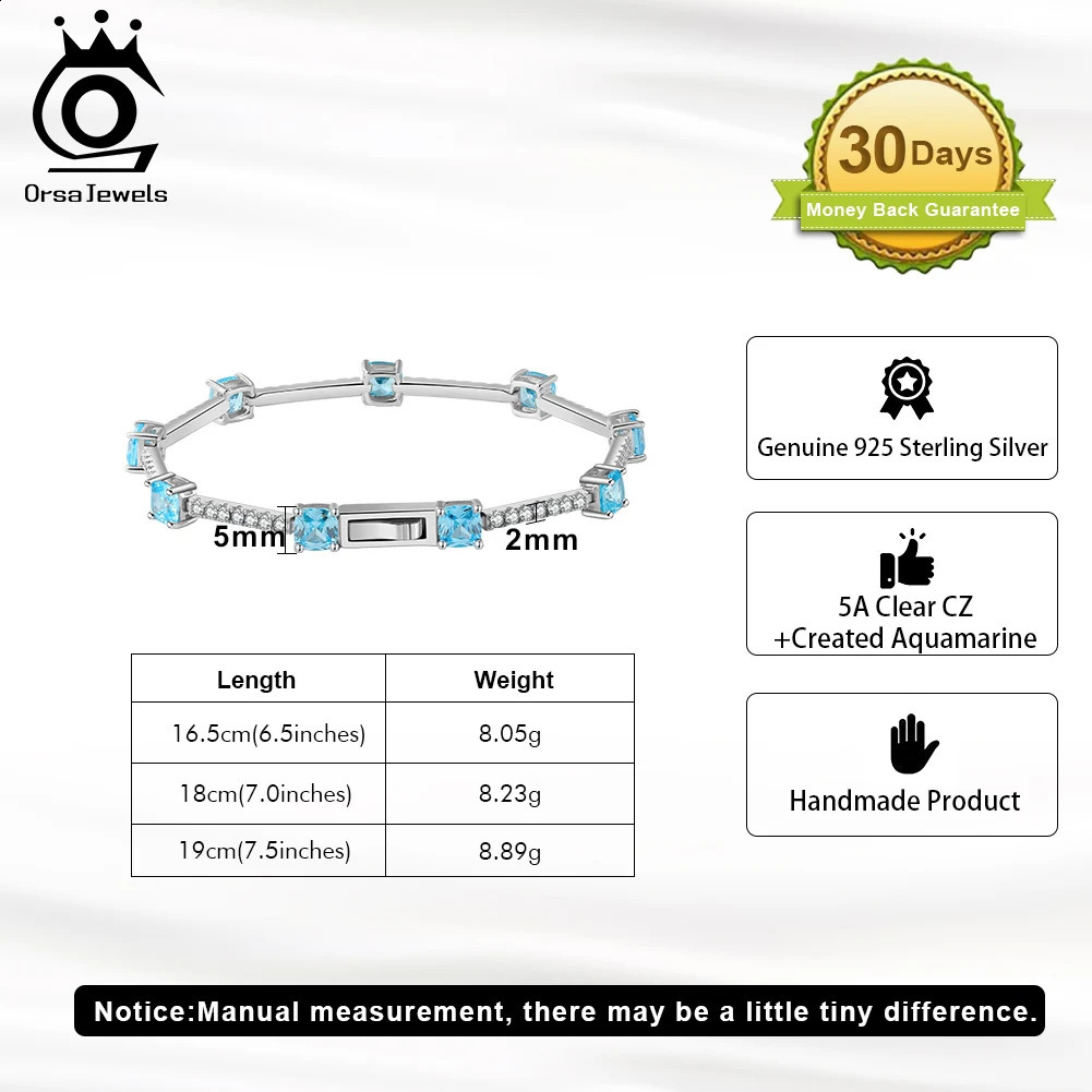 ORSA JEWELS Elegant Created Aquamarine CZ Chain Bracelet 925 Sterling Silver 5A Zircon Tennis Bracelet for Women Jewelry LZB03 241214