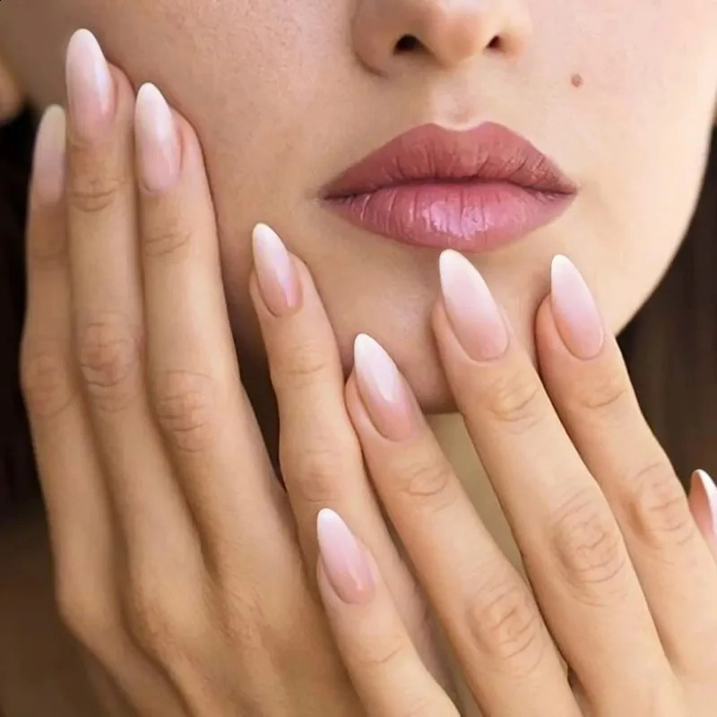 24PCS Press on Nails Short Almond Medium Fake False Nails With Glue Acrylic Nail Art Nails for Women Girls Almond Nude Gradient 241223