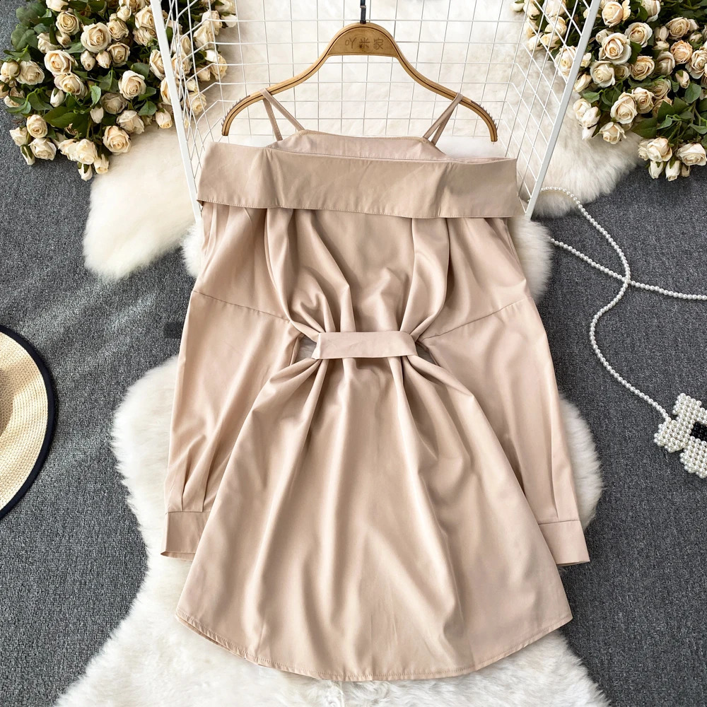 Korean Spring Autumn Off Shoulder Shirts Dress Chic Deisgn Long Sleeve Ruffles Slim Single Breasted Aline Solid Women 241218