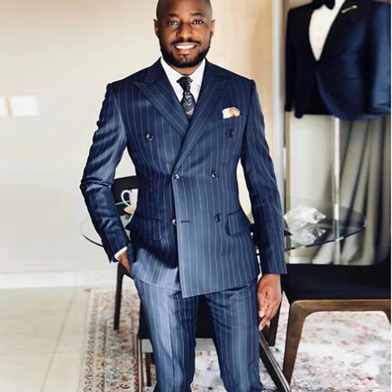 Rope Stripe Wedding Tuxedos Slim Fit 2 Pieces Groom Wear Navy Blue Double Breasted Men Suits Dinner Prom Party Blazer Jacket and Pants