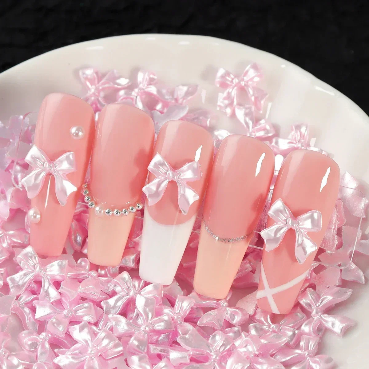 30pcs Pearl Color Ribbon Bow Nail Charms Parts Kawaii Pink White Bows Decoration Accessories Nail Art Supplies 241223