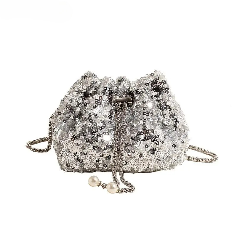 Banquet Sequin Shoulder Bag Fashion Bucket Shiny Handbags Gold Sier Underarm Chain Crossbody Bags For Women Girl