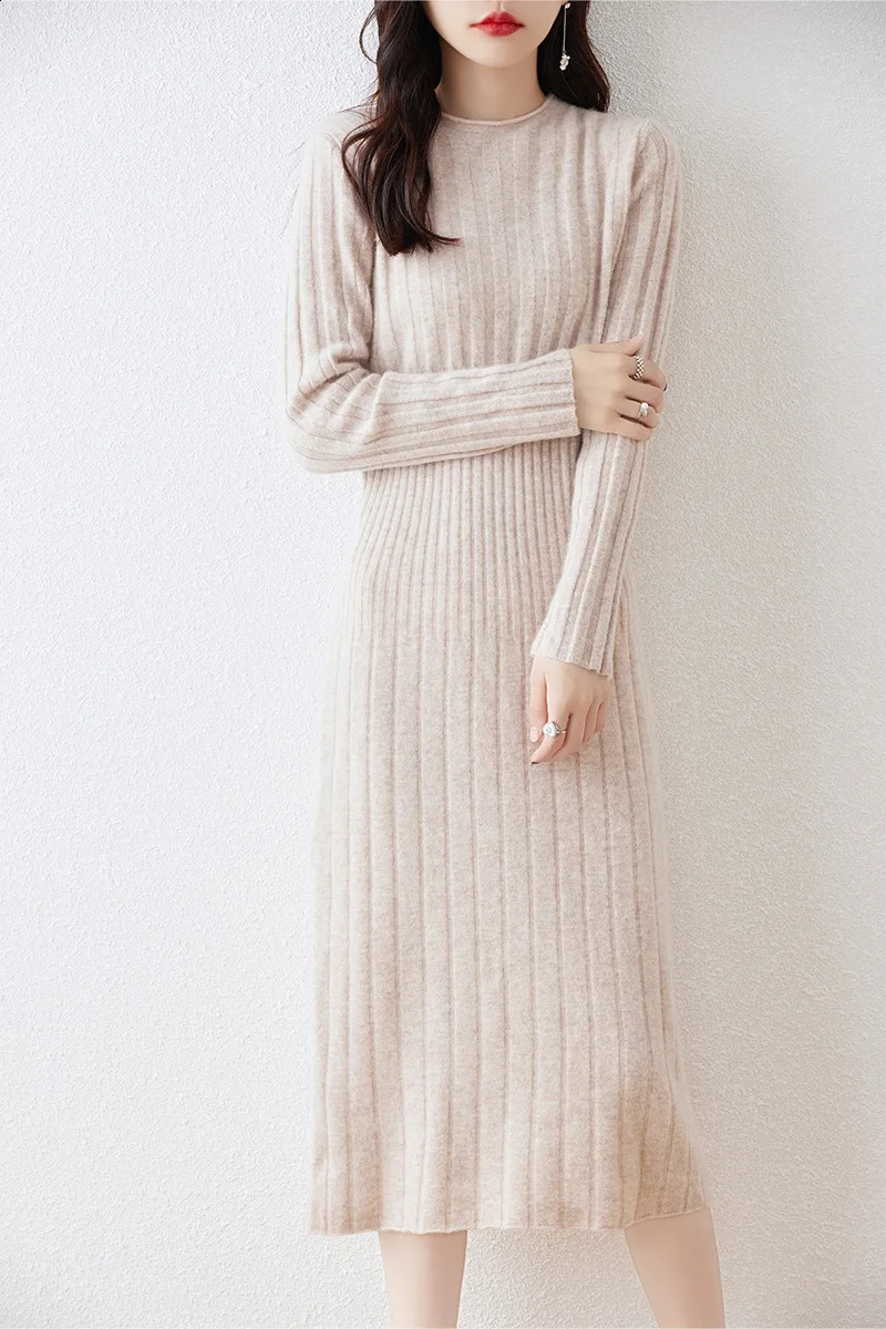 100% Merino Wool Long Sweater Dress Autumn And Winter Womens Striped Round Neck Pleated Skirt Pullover 241218