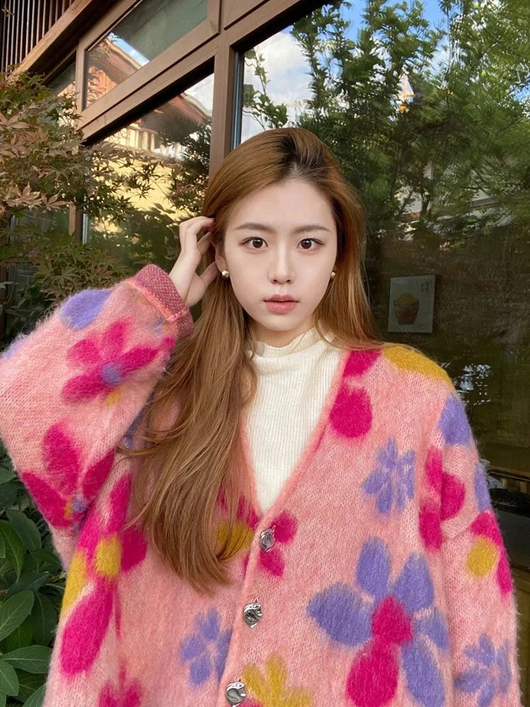Dopamine soft and sweet pink flower jacquard sweater jacket womens autumn and winter lazy style knitted cardigan top 241223