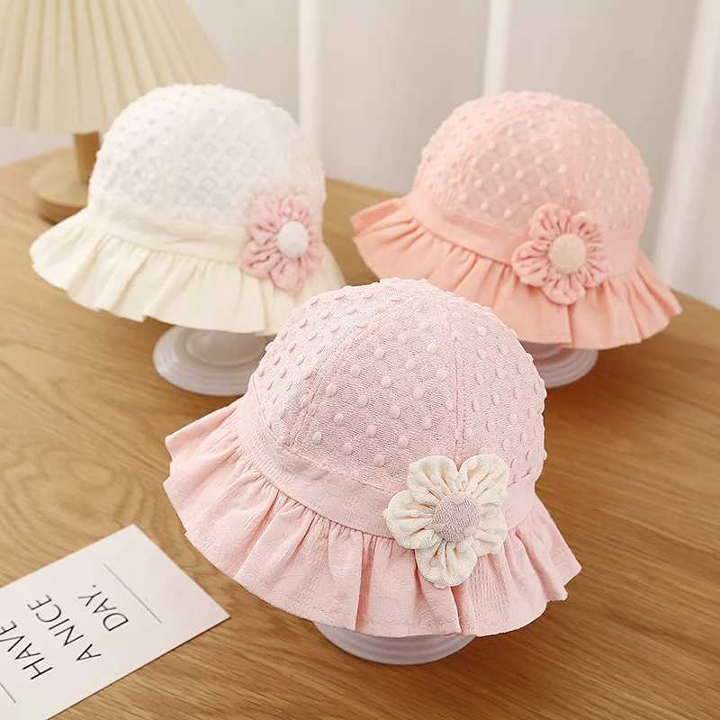 Caps Hats Lace Ruffle Baby Bucket Flower Princess Sunset Fishermans Hat Summer Thin Cotton Newborn UV Protective Sun Hat 3-18M H241223