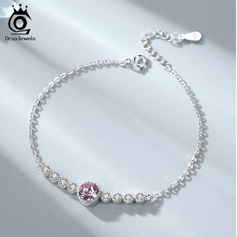 ORSA JEWELS Blue Cubic Zirconia Bracelet Chain Women Gift 925 Sterling Silver Charm Round Pink Crystal Bangle Exquisite SWB03 241214