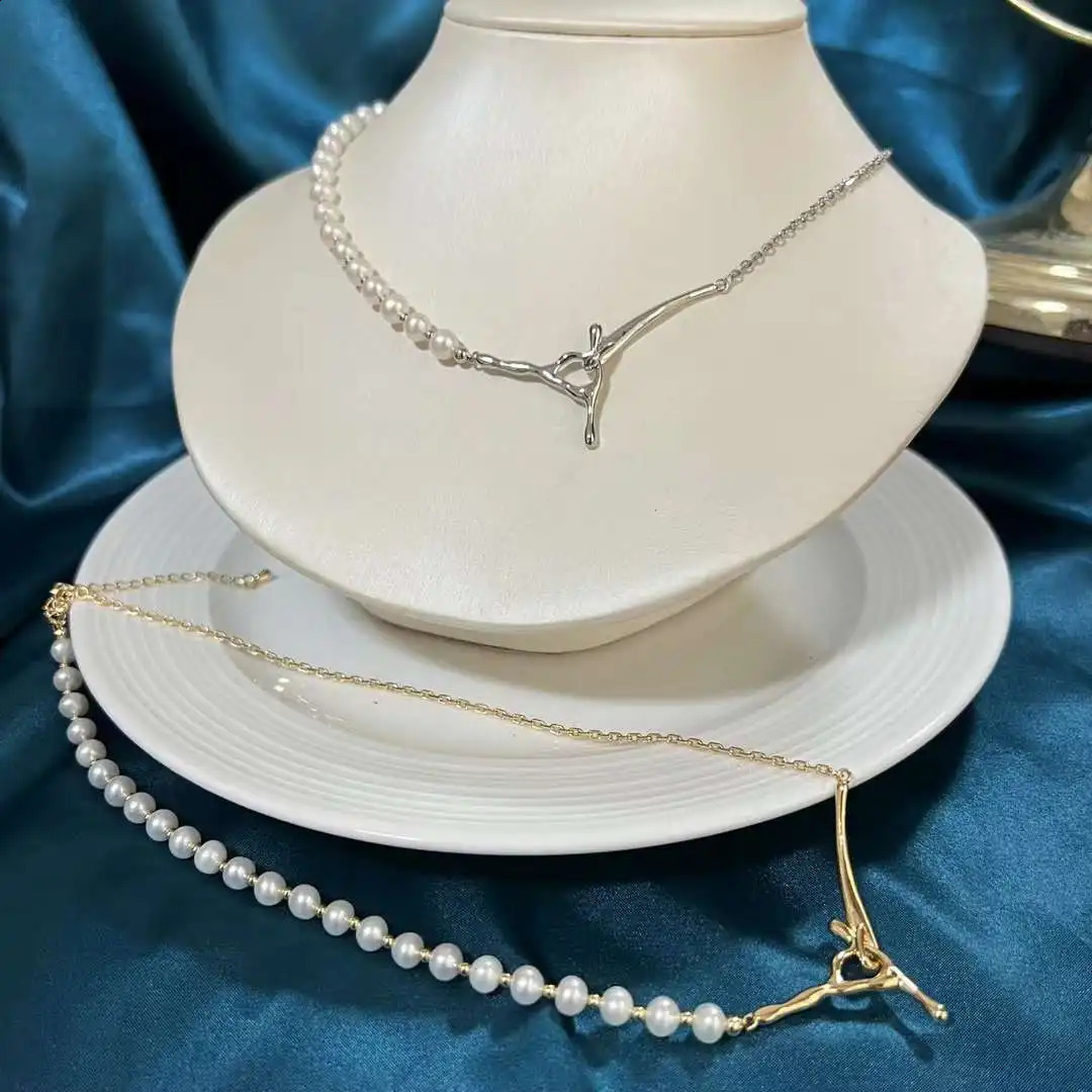 Gold and Silver Two Color Y Tree Branch Necklace 5-6MM Natural High-quality Freshwater Pearl Necklace Womens Pearl AB Chain 241220
