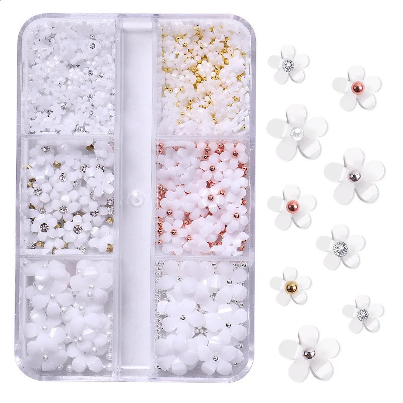 6 PCS color nail resin five-petal flower small steel ball mixed wearing nail decoration 241223