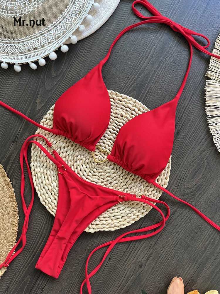 Mr. Nut 2025 Explosive Nylon Red Love Bikini Set with Low Waist Strap European and American Fashion BiquiniXJ241223