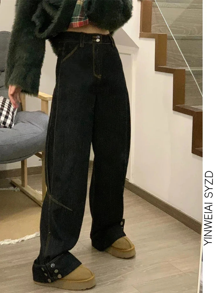 Black High Waist Women Jeans Hip-hop Fashion Vintage Streetwear Y2K Wide Leg Jean Female Trouser Baggy Gradient Denim Pants 241223