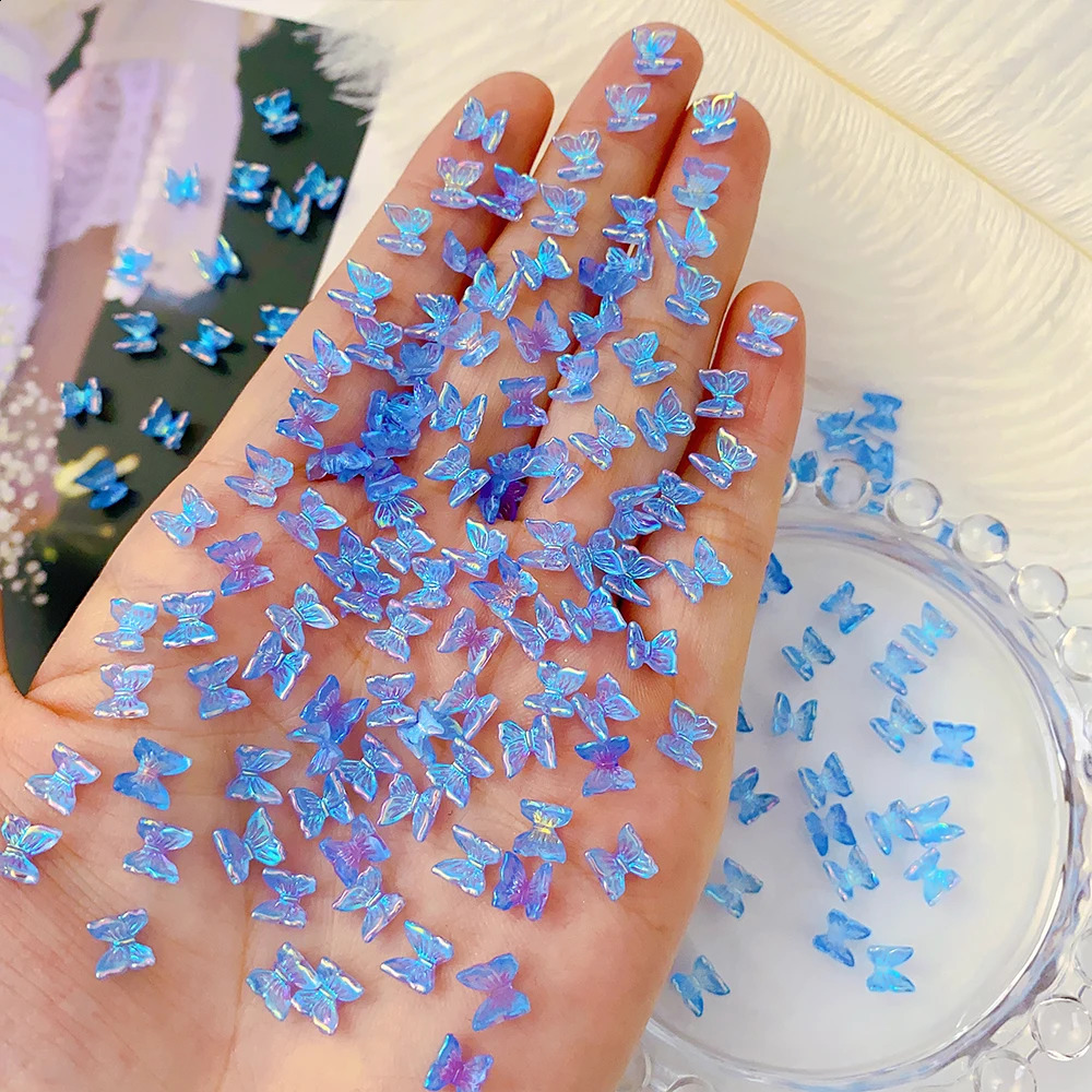 100Pcs Colorful Aurora Butterfly Nail Art Decoration 6mm Resin Mini 3D Butterfly Nail Charms AB Pink Cute Manicure Butterfly N* 241223
