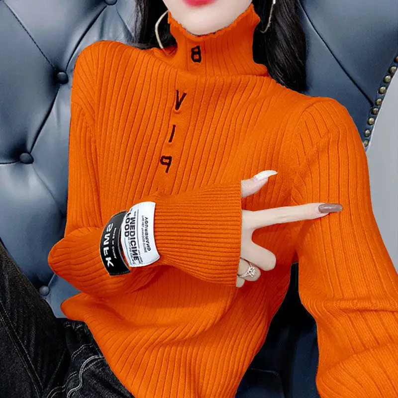Autumn Winter Fashion Letter Interior Lapping Knitting Top Tee Femme All-match Turtleneck Sweater Long Sleeve Pullovers Tops 241217
