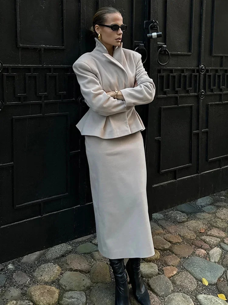 Elegant Women Solid Woolen Blazer Coat Skirt Suits Fashion Lapel Long Sleeves Overcoat Slim Hip Package Long Skirts Lady Outfits 241220
