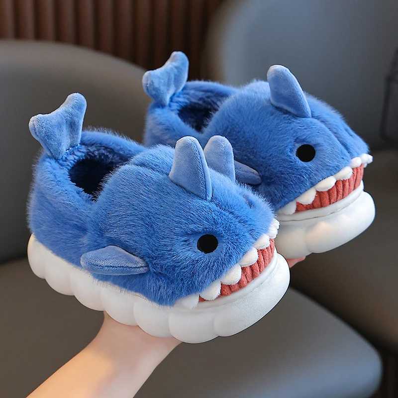 Slipper Winter Heel Wrap Cotton Slippers Childrens Cute Cartoon Shark Non-slip Soft Sole s Boys Girls Junior Warm Plush Home Shoes S2412231