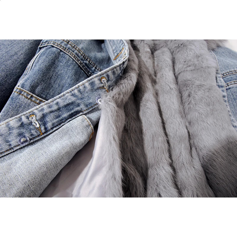 Winter Thick Natural Fox Fur Collar Rabbit Fur Denim Jacket Women Black Blue Cow Outerwear Loose Short Jeans Jackets Female 241220