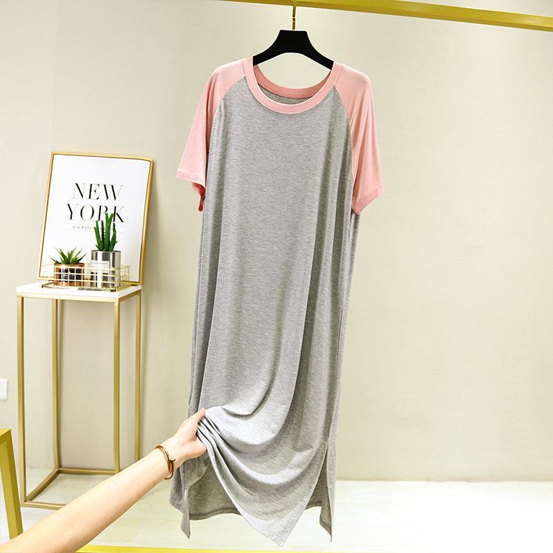 B546-Nightdress women summer large size loose dress V-neck medium long a-line skirt thin knee-length home skirt