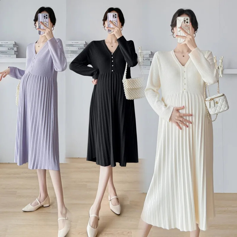 Pregnant Dresses Womens Spring Fashionable V-neck Woolen Maternity Clothes Elegant Chic Solid Color Korean Style 241223