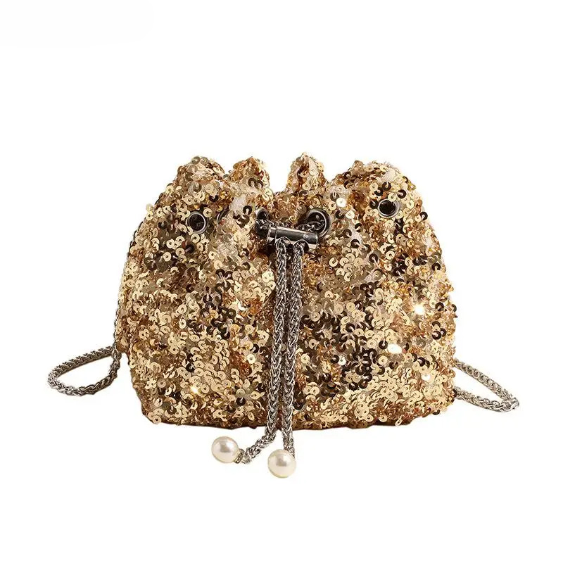 Banquet Sequin Shoulder Bag Fashion Bucket Shiny Handbags Gold Sier Underarm Chain Crossbody Bags For Women Girl