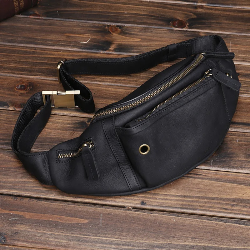 Crazy Horse Leather Men Baotou Layer Cowhide Mobile Phone Fanny Pack Large Capacity Sports Diagonal Chest Bag Mens Leather 241223