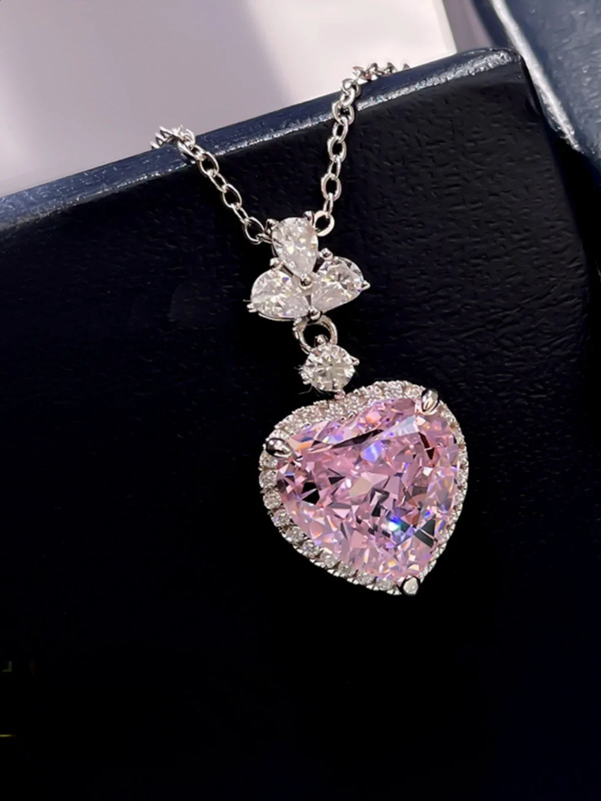 Cherry blossom pink diamond necklace light and high-end pure silver 925 heart-shaped high carbon diamond ice flower cut 241220