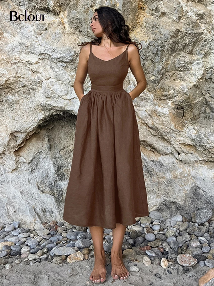 Bclout Fashion Brown Linen Long Dress Women 2024 Elegant Lace-Up Pockets A-Line Dresses Summer Sexy Backless Party Pleated Dress 241223