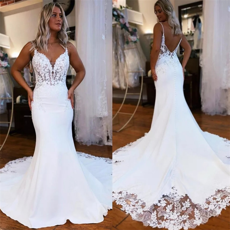 Spaghetti Straps Mermaid Wedding Dress With Lace Elegant Beach Boho Bride Dress Elegant Backless Charming Bridal Gown Gelinlik Robe De Mariage 2025 Ve