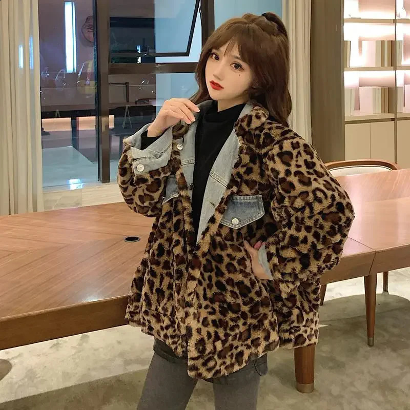 Womens Fur leopard-print Short Thick Mink Casual In The Autumn and Winter Lamb Wool Denim Two-sided Coat Jacket 241220