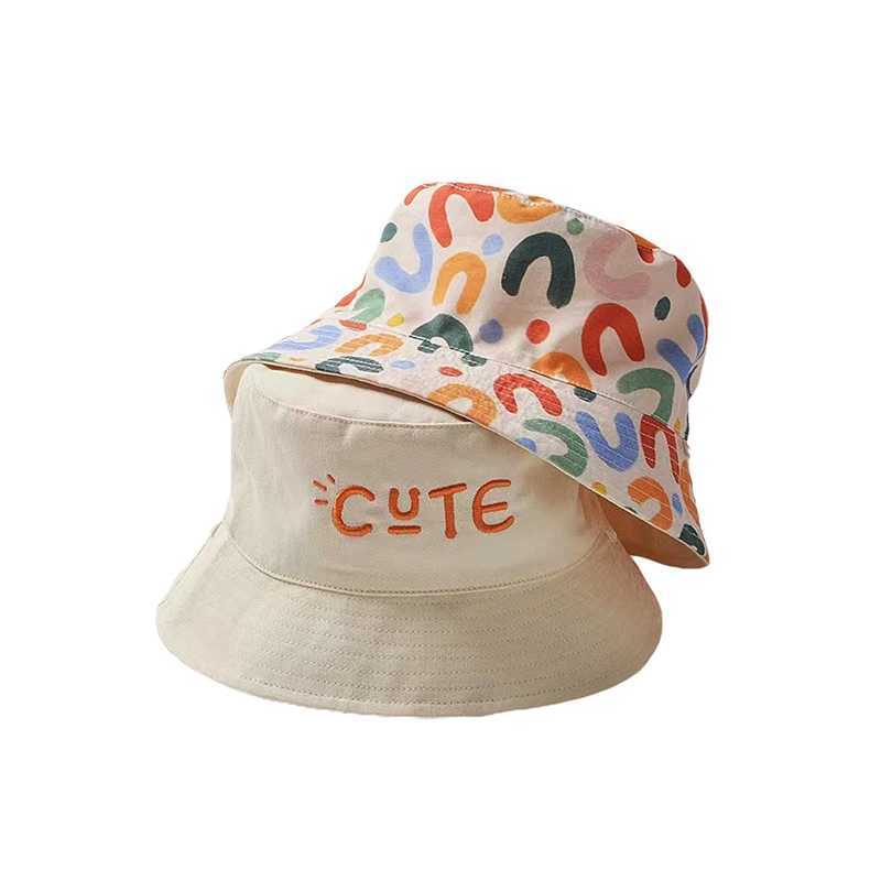 Caps Hats Double sided baby bucket hat with cute embroidered letters for children boys and girls fishermans spring summer outdoor childrens sun H24122