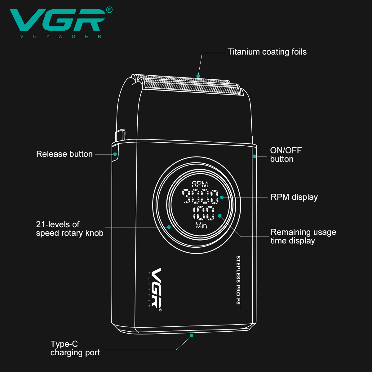 VGR Professional Trimmer Rechargeable Beard 9000 RPM Razor Electric Shaver LED Shaving Hine For Men V-377