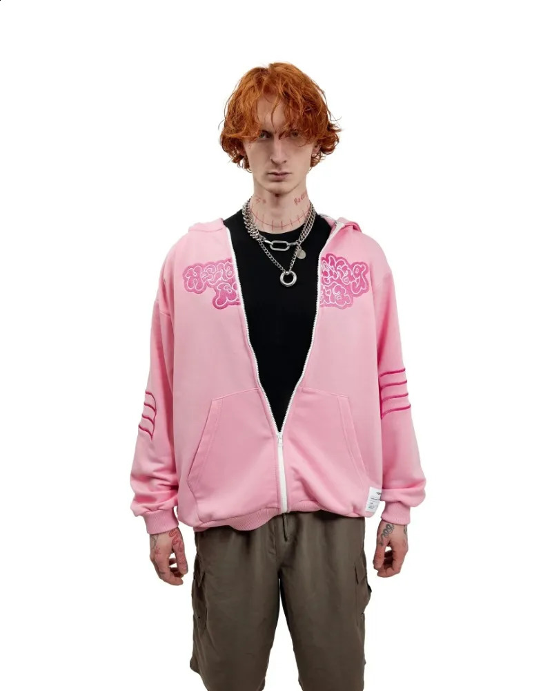 Y2K zip up Hoodie Harajuku Embroidered Pink Letters high quality vintage Oversized Sweatshirts Men Women Hip Hop streetwear top 241219