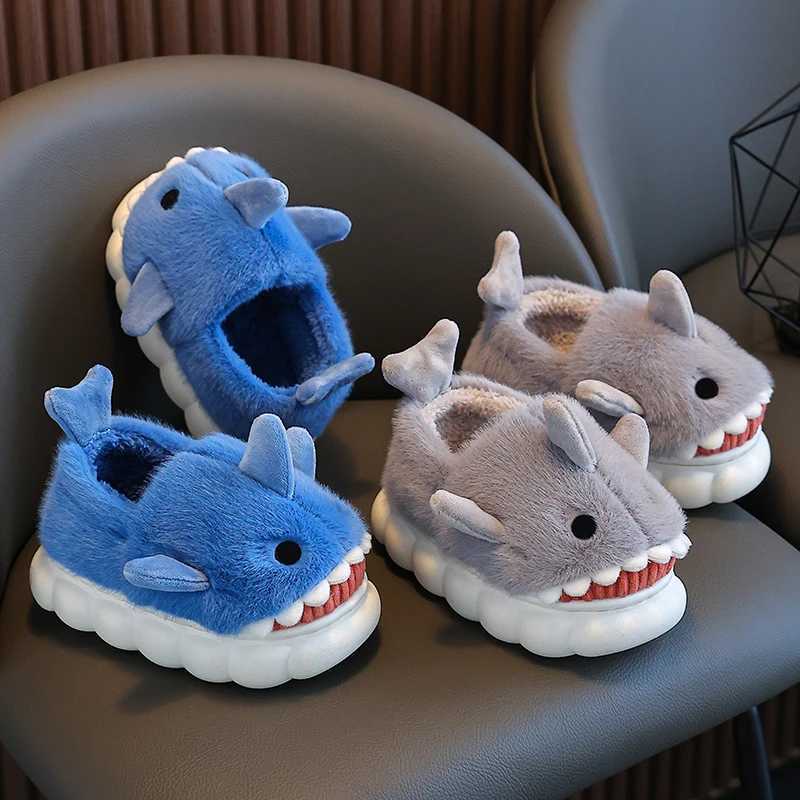Slipper Winter Heel Wrap Cotton Slippers Childrens Cute Cartoon Shark Non-slip Soft Sole s Boys Girls Junior Warm Plush Home Shoes S2412231