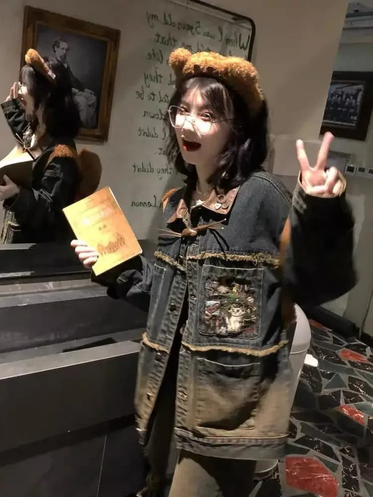 Y2k green embroidery plus size denim jacket for womens spring/summer feeling jacket baseball uniform sports trend 241219