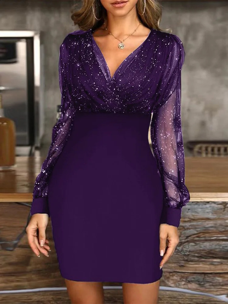 Sexy V-neck See Through long sleeved dress for womens spring and autumn party mini dress Vestdos cortos 241223