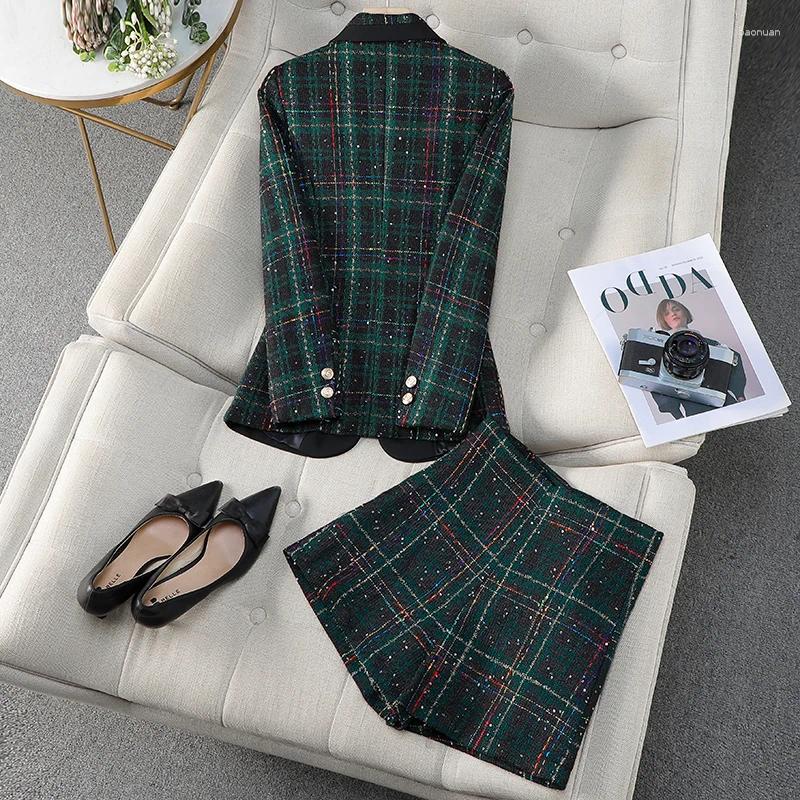 Womens Tracksuits ZJYT Autumn Winter Vintage Plaid Tweed Jacket And Shorts Suit 2 Pieces Matching Sets For Women Plus Size Casual Outfit