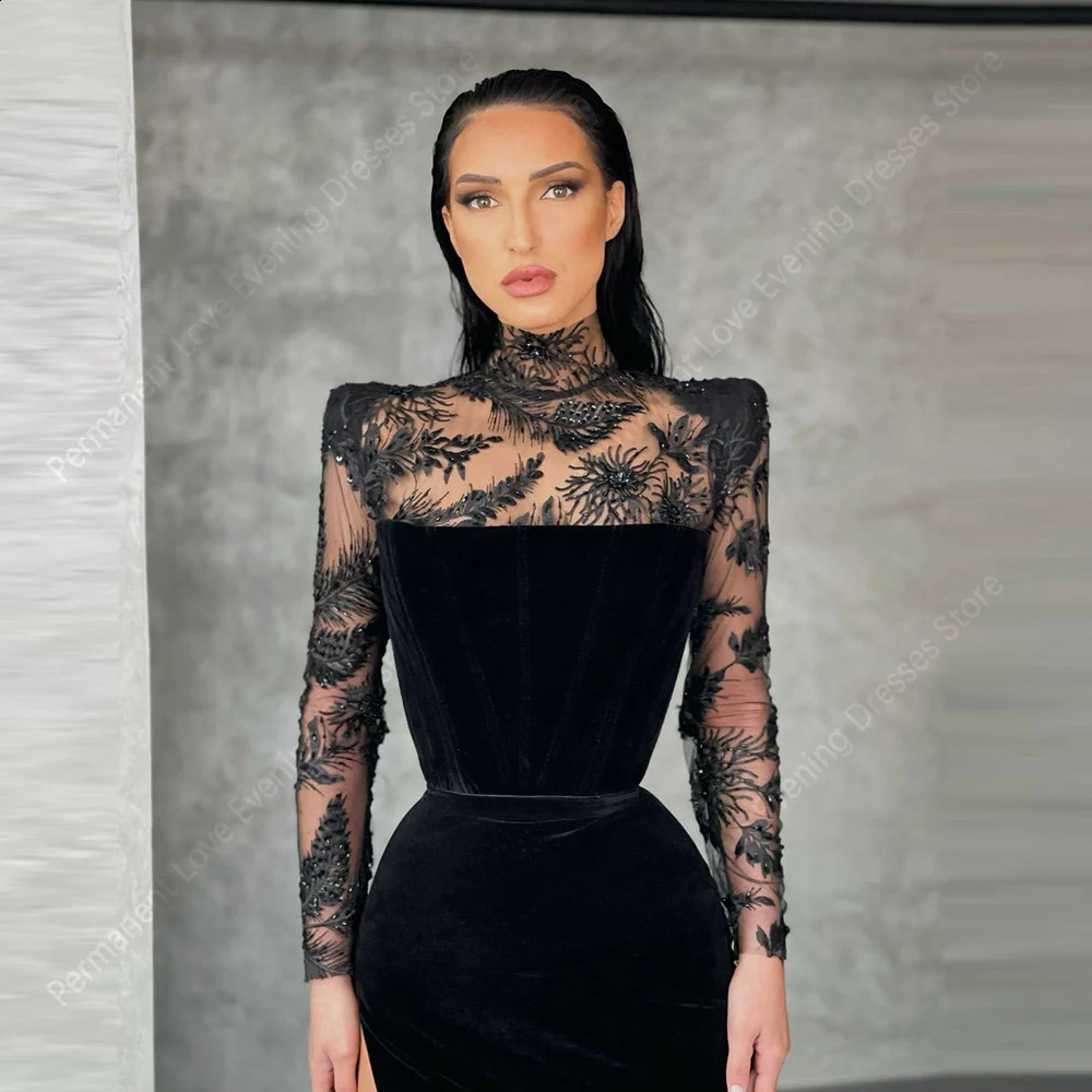 2025 Sexy Side Fork Women Evening Dresses Elegant Modern High Collar Prom Gowns Lace Long Sleeves Vestidos De Noches Customized 241217