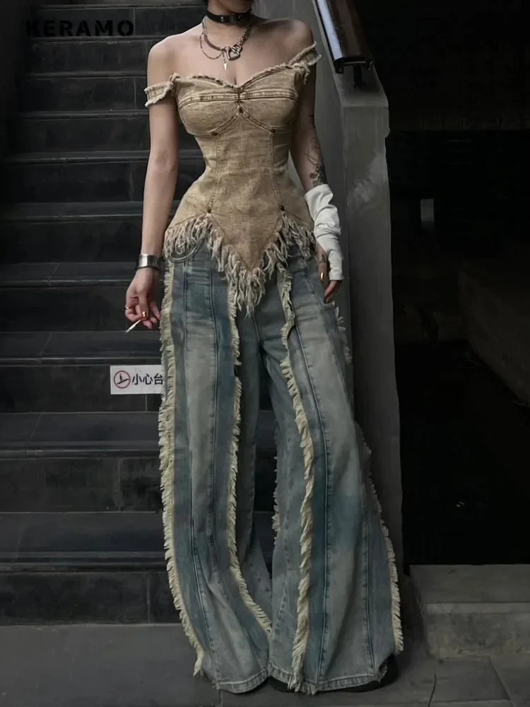 Womens Washed Y2K Baggy Japanese 2000s Denim Trouser Vintage Casual Tassels Pants Female Street Trashy Retro High Waist Jeans 241223
