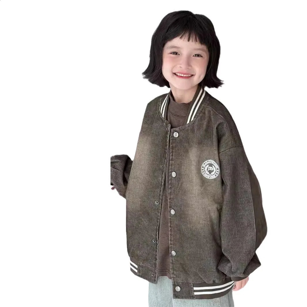 Spring Autumn 1-8Y Girls Baseball Jacket Corduroy Sticker Embroidery Kids Boys Coat Vintage Round Collar Toddler Girls Outerwear 241223