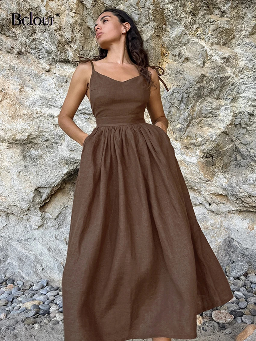 Bclout Fashion Brown Linen Long Dress Women 2024 Elegant Lace-Up Pockets A-Line Dresses Summer Sexy Backless Party Pleated Dress 241223