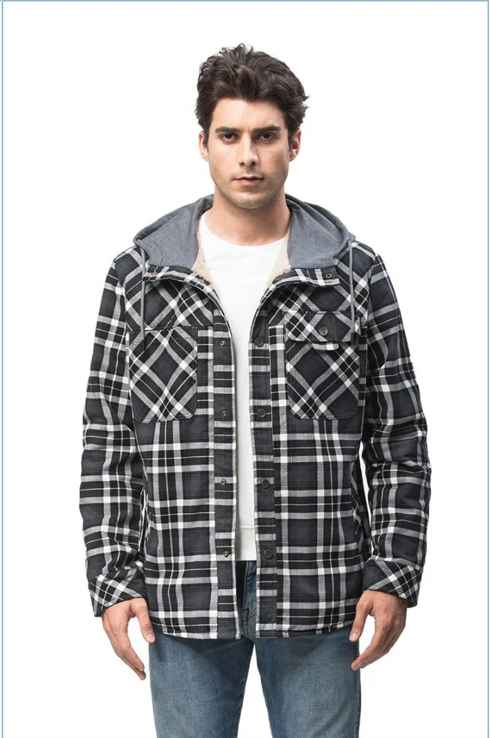 Winter Large Size Mens Shirt Jacket Cotton Coat Men Long-sleeved Plush Thickened Keep Warm Hooded Plaid Shirts US Size 2XL 241223