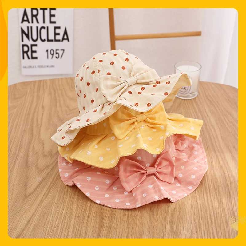 Caps Hats Cute bow decoration baby hat with new pleated edge printing bucket suitable for girls children outdoor adhesive cotton fishermans sun H24122