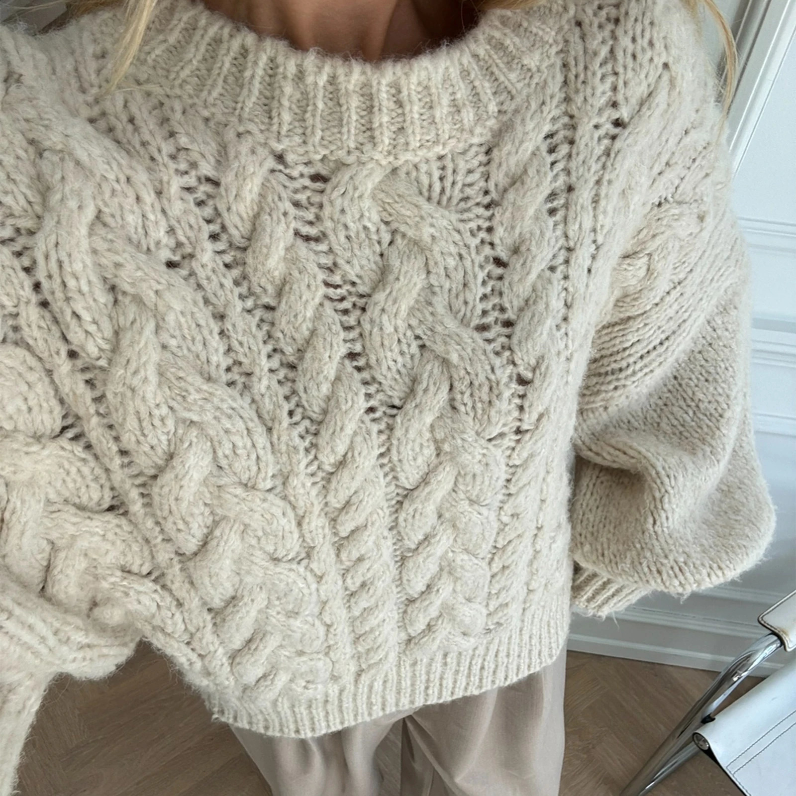 Long Sleeve Jumpers Knitwear Round Neck Solid Color Pullovers Knit Tops Womens Cable Knit Sweaters Fashion Female 241223