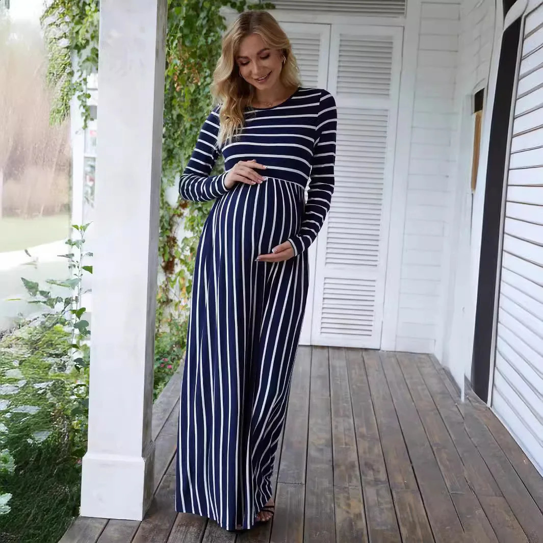 Clothes for Pregnant Women Maternity Dress Spring Autumn Striped Round Neck Long Sleeve Elegance Long Skirt Mom Casual Clothing 241223