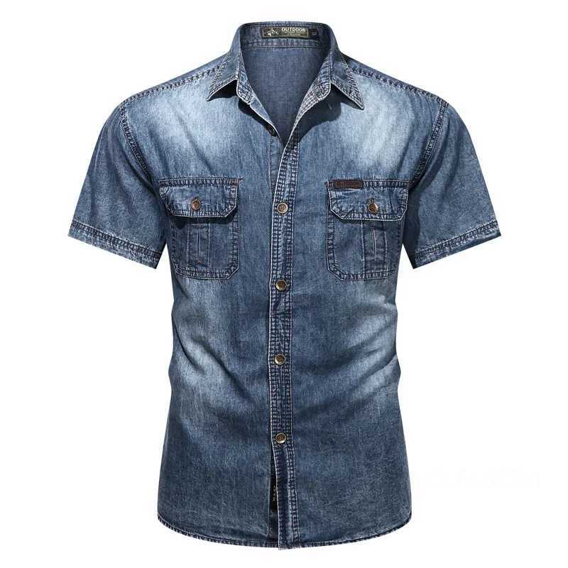 Mens short sleeved denim shirt with multiple pockets tool shirt new summer blue denim shirt high-quality mens cotton casual shirt 3 W241223