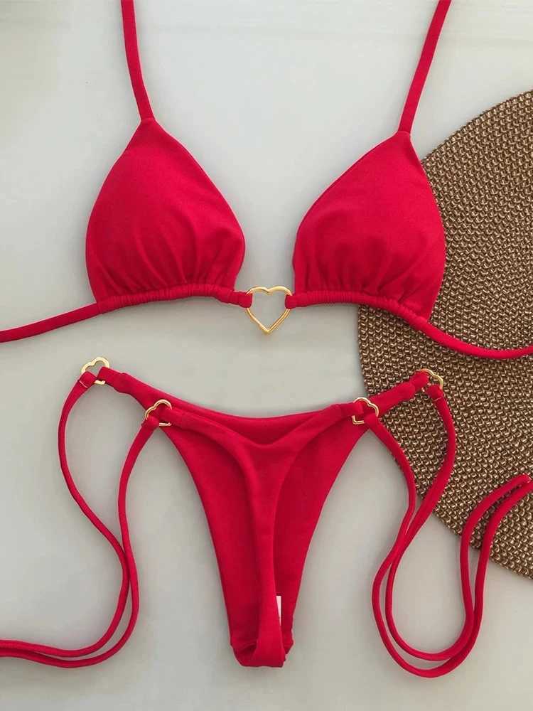 OIINAA Bathing Suit Women Sexy Solid Swimsuit Heart Metal Ring Bikini Set Drawstring Two-piece Beach Wear Lace Up Split BiquinisXJ241223