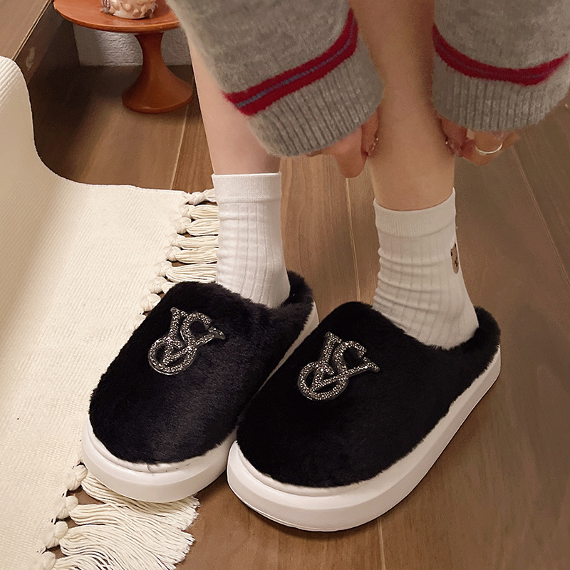 Baotou Hairy Cotton Versatile Autumn And Winter New Warm Home Bright Diamond Slippers Fashionable Women's Shoes For Wearing Outside