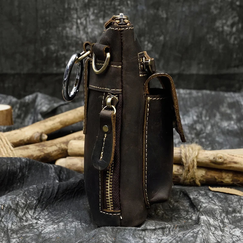 Men Vintage Genuine Leather Waist Pack Shoulder Strap Belt Bag Small Crazy Horse Leather Crossbody bag Belt Phone Pouch 241223