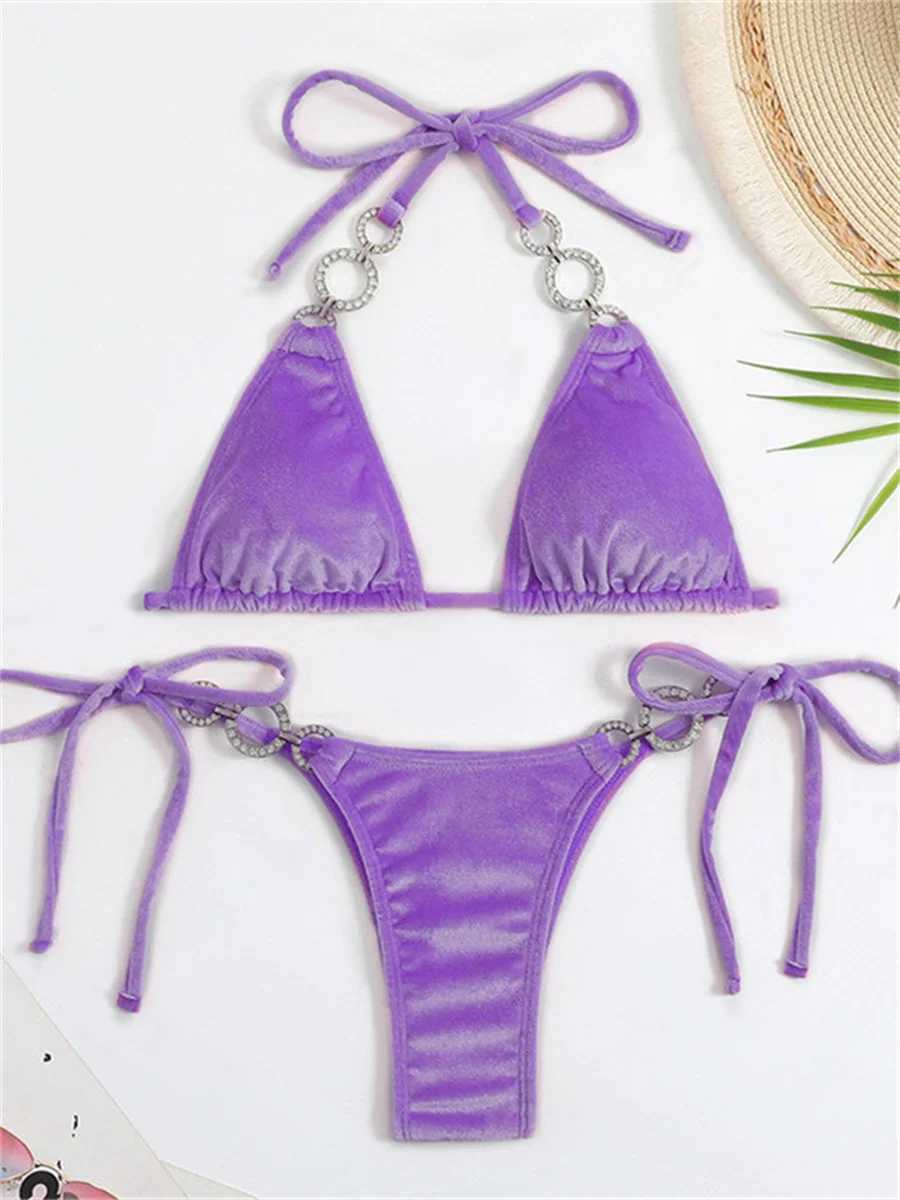 Sexy Triangle Bikinis Set Women 2024 Solid Pink Criss Cross Velvet Swimsuit Luxury Rhinestone Bathing Suit Metal Swimwear Y2KXJ241223