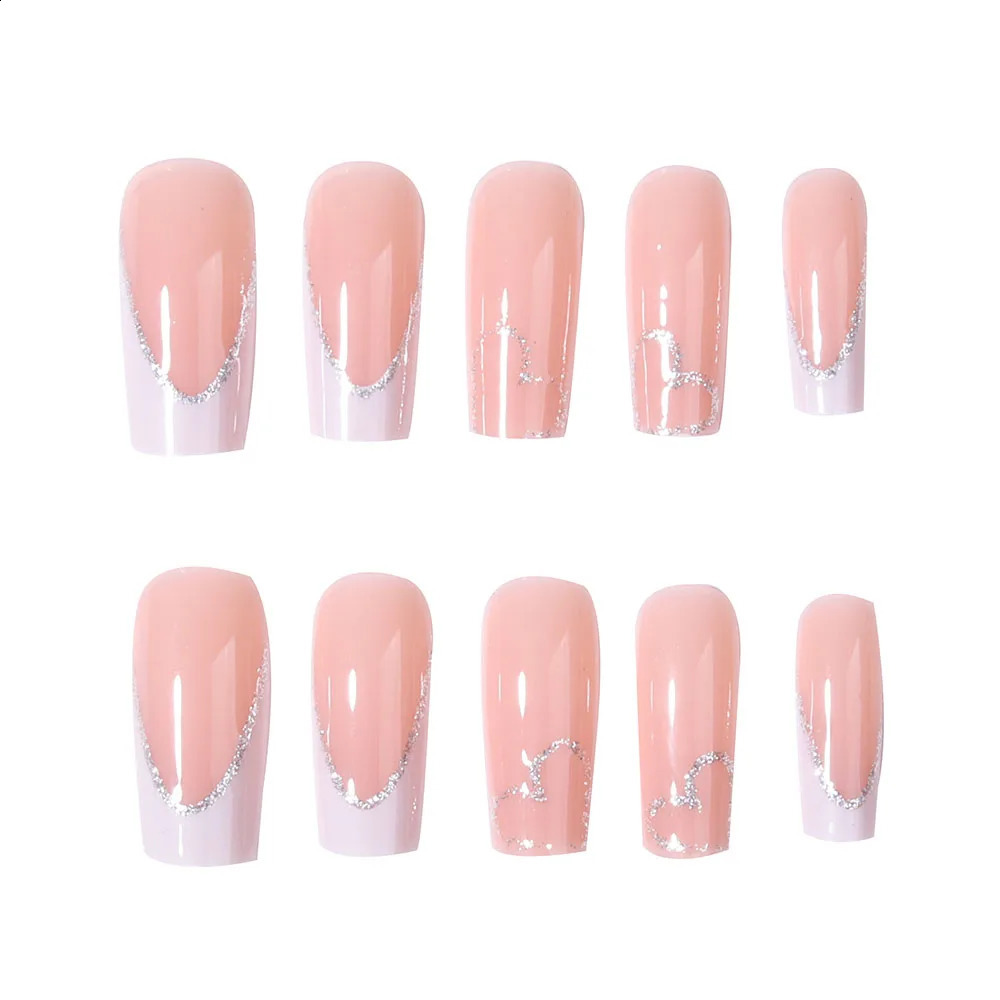 24pcs French long false nail square glitter love U-shaped press on nails detachable reusable suitable for women 241223