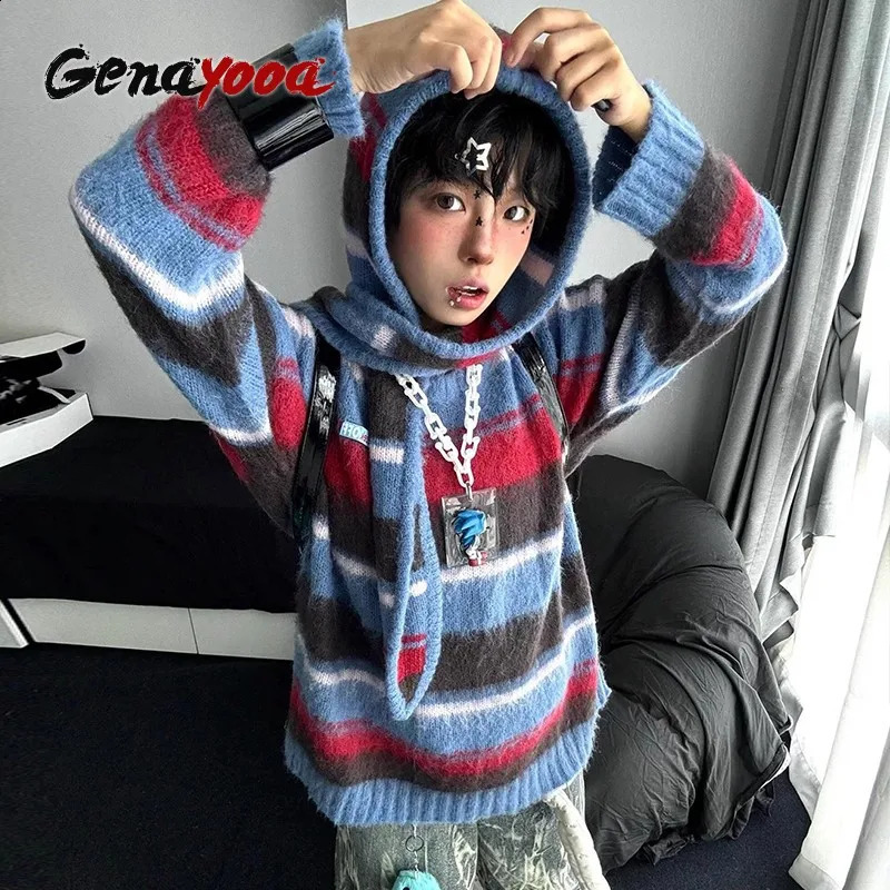 Genayooa Vintage Sweater Women Warm Patchwork Striped Pullovers Streetwear Y2k Japanese Sweaters With Hooded American Retro 90s 241223
