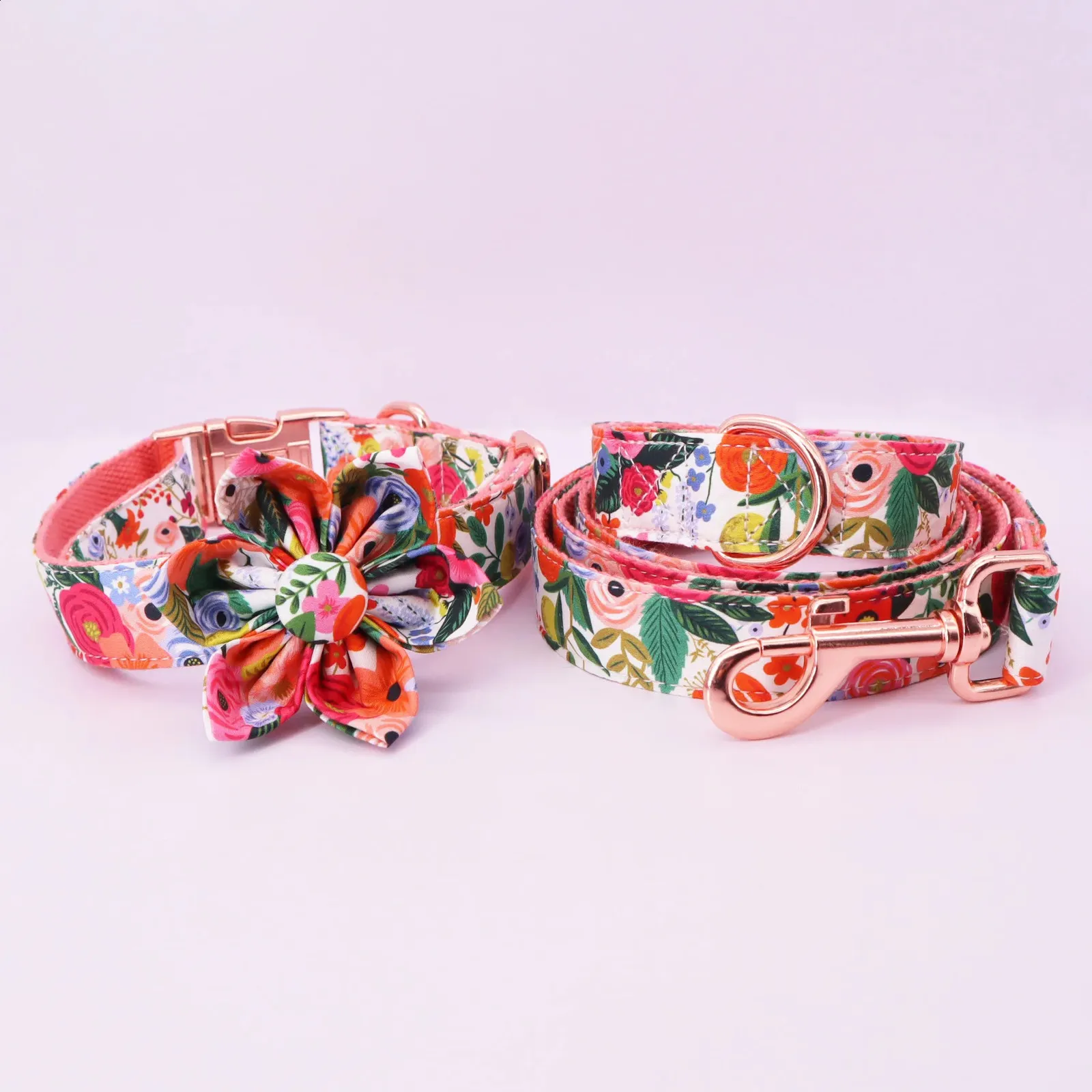 Classical Floral Dog Harness Collar Flower Matching leash Bandana Shampoo Bag with Personalized Name Telphone